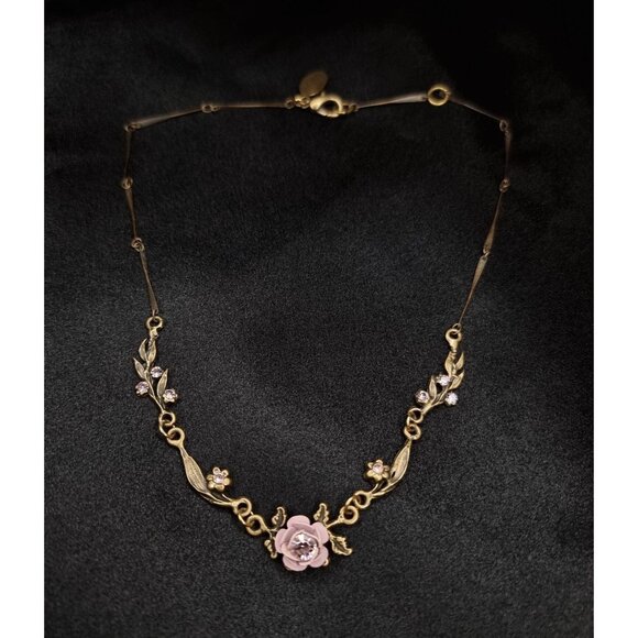 Vintage Michal Negrin Rose Floral Necklace With Swarovski Crystals & Antique Bra - Picture 1 of 6